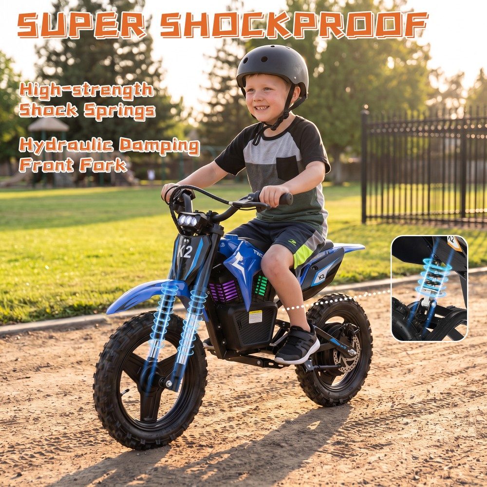 TWOFISH K2 Kinder-Elektro-Dirtbike, 350-W-B&uuml;rstenlosmotor, 36-V-5,2-Ah-Lithium-Akku, 35 km/h H&ouml;chstgeschwindigkeit, 3 Geschwindigkeitsmodi, 12 km Reichweite, 90 Minuten Fahrzeit, 14-Zoll-Gel&auml;ndereifen, hydraulische Vorderradfederung, IP54-Wasserschutz &ndash; Blau