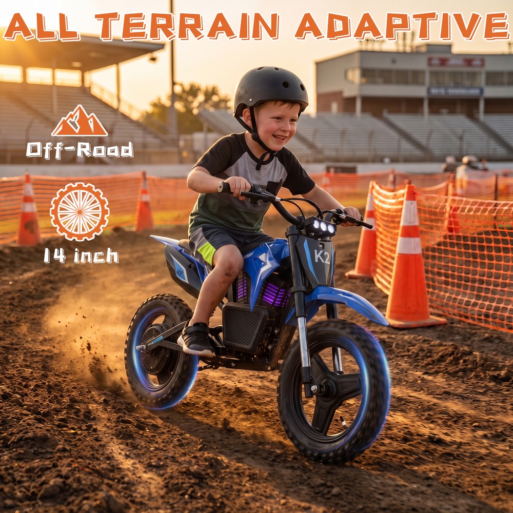 TWOFISH K2 Kinder-Elektro-Dirtbike, 350-W-B&uuml;rstenlosmotor, 36-V-5,2-Ah-Lithium-Akku, 35 km/h H&ouml;chstgeschwindigkeit, 3 Geschwindigkeitsmodi, 12 km Reichweite, 90 Minuten Fahrzeit, 14-Zoll-Gel&auml;ndereifen, hydraulische Vorderradfederung, IP54-Wasserschutz &ndash; Blau