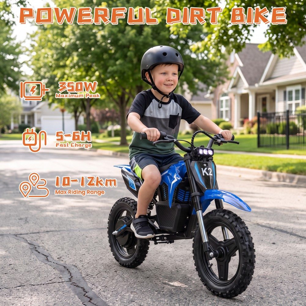 TWOFISH K2 Kinder-Elektro-Dirtbike, 350-W-B&uuml;rstenlosmotor, 36-V-5,2-Ah-Lithium-Akku, 35 km/h H&ouml;chstgeschwindigkeit, 3 Geschwindigkeitsmodi, 12 km Reichweite, 90 Minuten Fahrzeit, 14-Zoll-Gel&auml;ndereifen, hydraulische Vorderradfederung, IP54-Wasserschutz &ndash; Blau