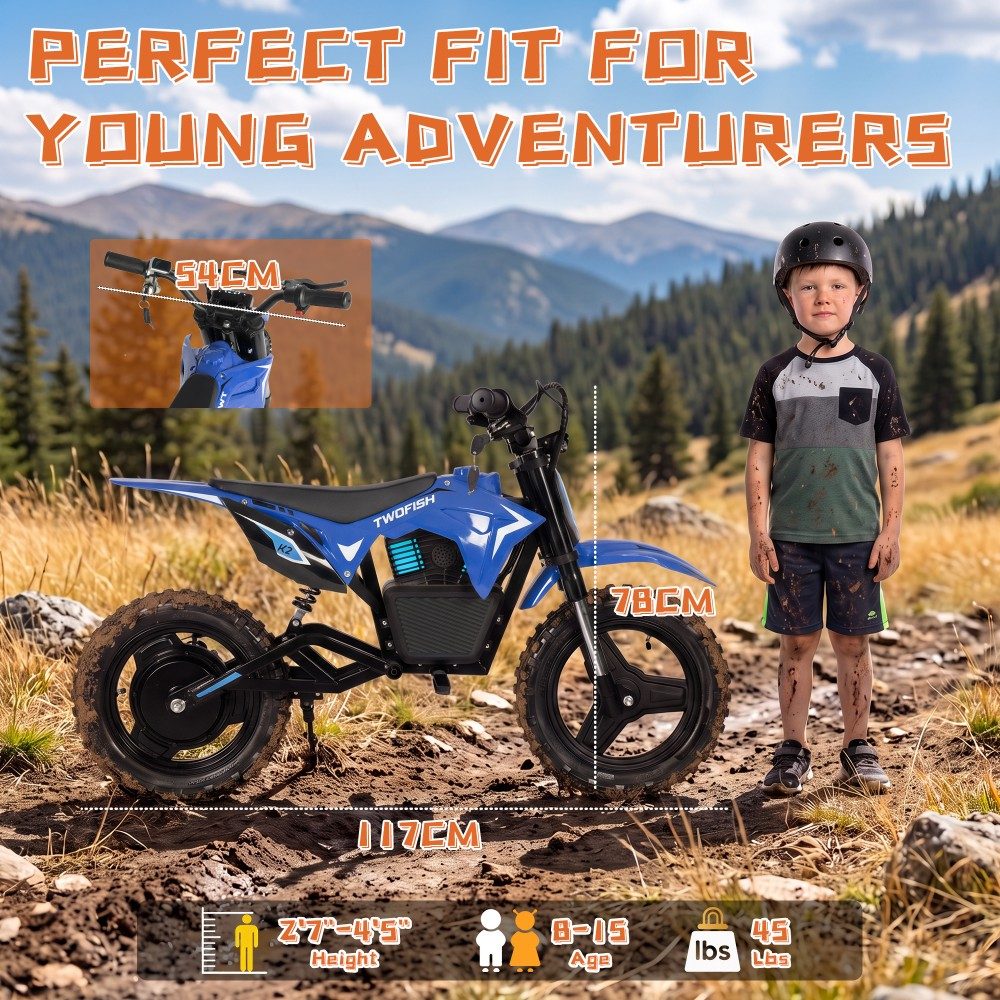 TWOFISH K2 Kinder-Elektro-Dirtbike, 350-W-B&uuml;rstenlosmotor, 36-V-5,2-Ah-Lithium-Akku, 35 km/h H&ouml;chstgeschwindigkeit, 3 Geschwindigkeitsmodi, 12 km Reichweite, 90 Minuten Fahrzeit, 14-Zoll-Gel&auml;ndereifen, hydraulische Vorderradfederung, IP54-Wasserschutz &ndash; Blau