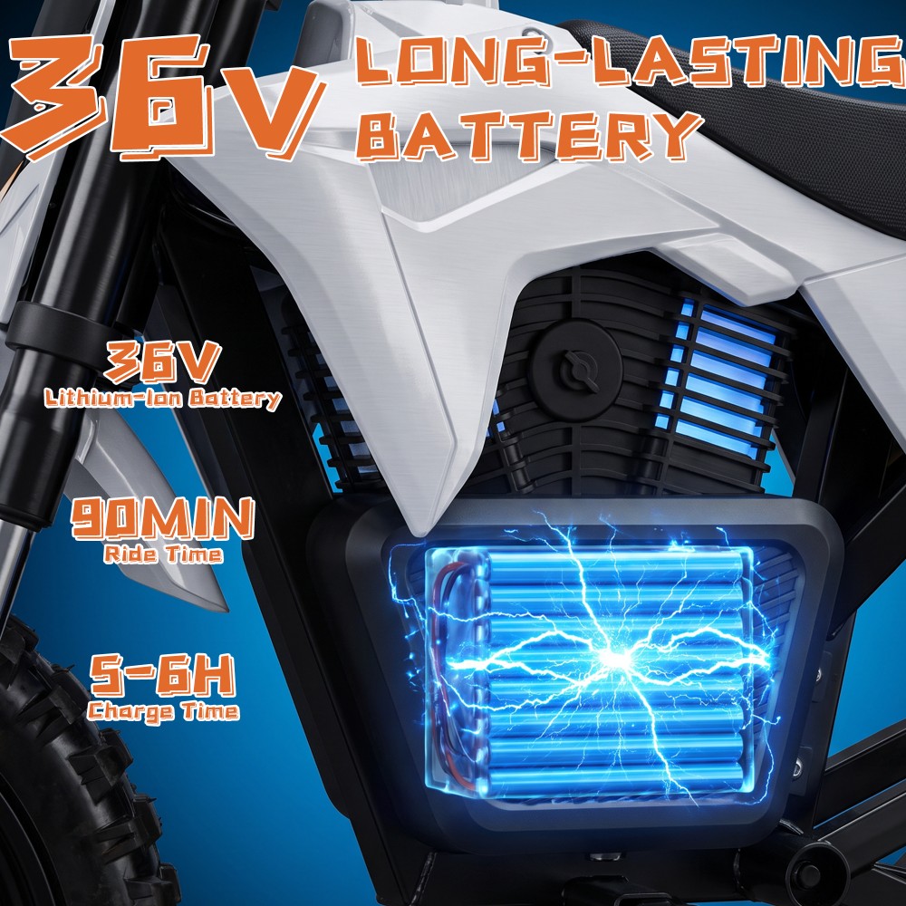 TWOFISH K2 Kinder-Elektro-Dirtbike, 350-W-B&uuml;rstenlosmotor, 36-V-5,2-Ah-Lithium-Akku, 35 km/h H&ouml;chstgeschwindigkeit, 3 Geschwindigkeitsmodi, 12 km Reichweite, 90 Minuten Fahrzeit, 14-Zoll-Gel&auml;ndereifen, hydraulische Vorderradfederung, Schutzart IP54 (spritzwassergesch&uuml;tzt) &ndash; Wei&szlig;