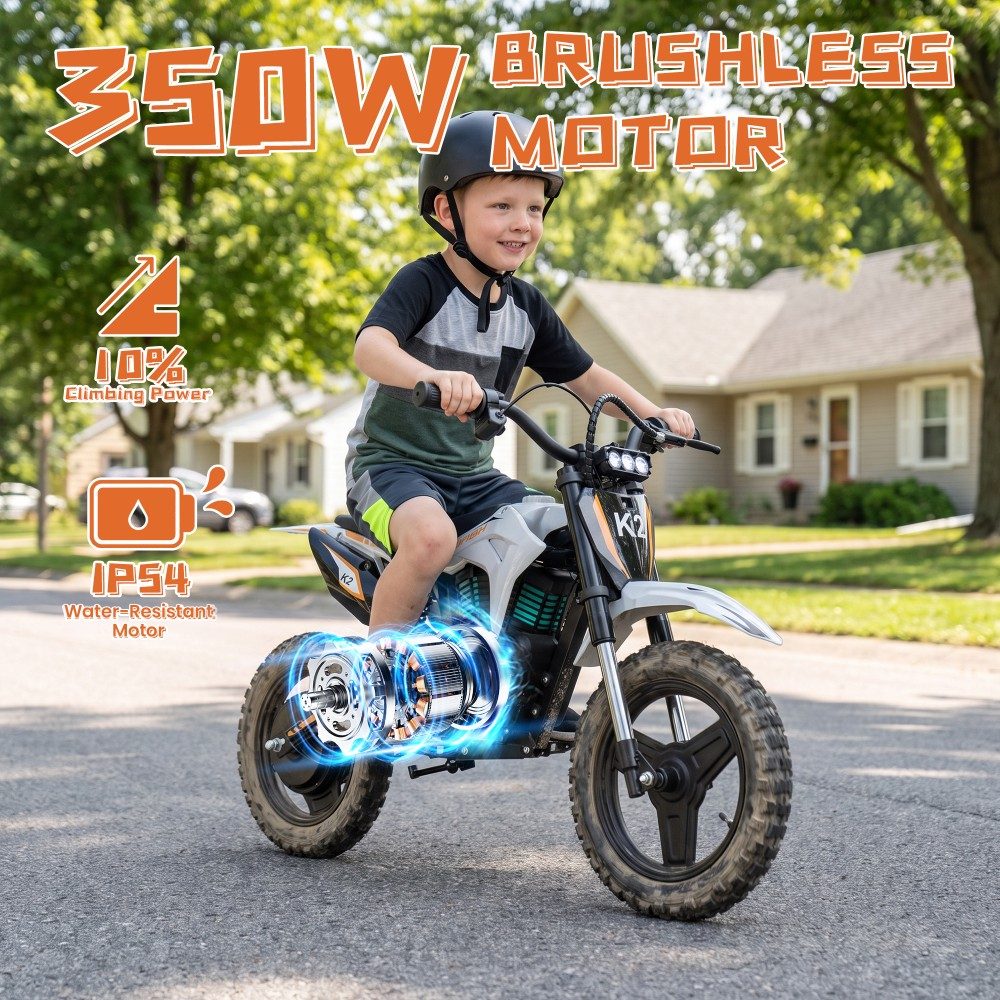 TWOFISH K2 Kinder-Elektro-Dirtbike, 350-W-B&uuml;rstenlosmotor, 36-V-5,2-Ah-Lithium-Akku, 35 km/h H&ouml;chstgeschwindigkeit, 3 Geschwindigkeitsmodi, 12 km Reichweite, 90 Minuten Fahrzeit, 14-Zoll-Gel&auml;ndereifen, hydraulische Vorderradfederung, Schutzart IP54 (spritzwassergesch&uuml;tzt) &ndash; Wei&szlig;