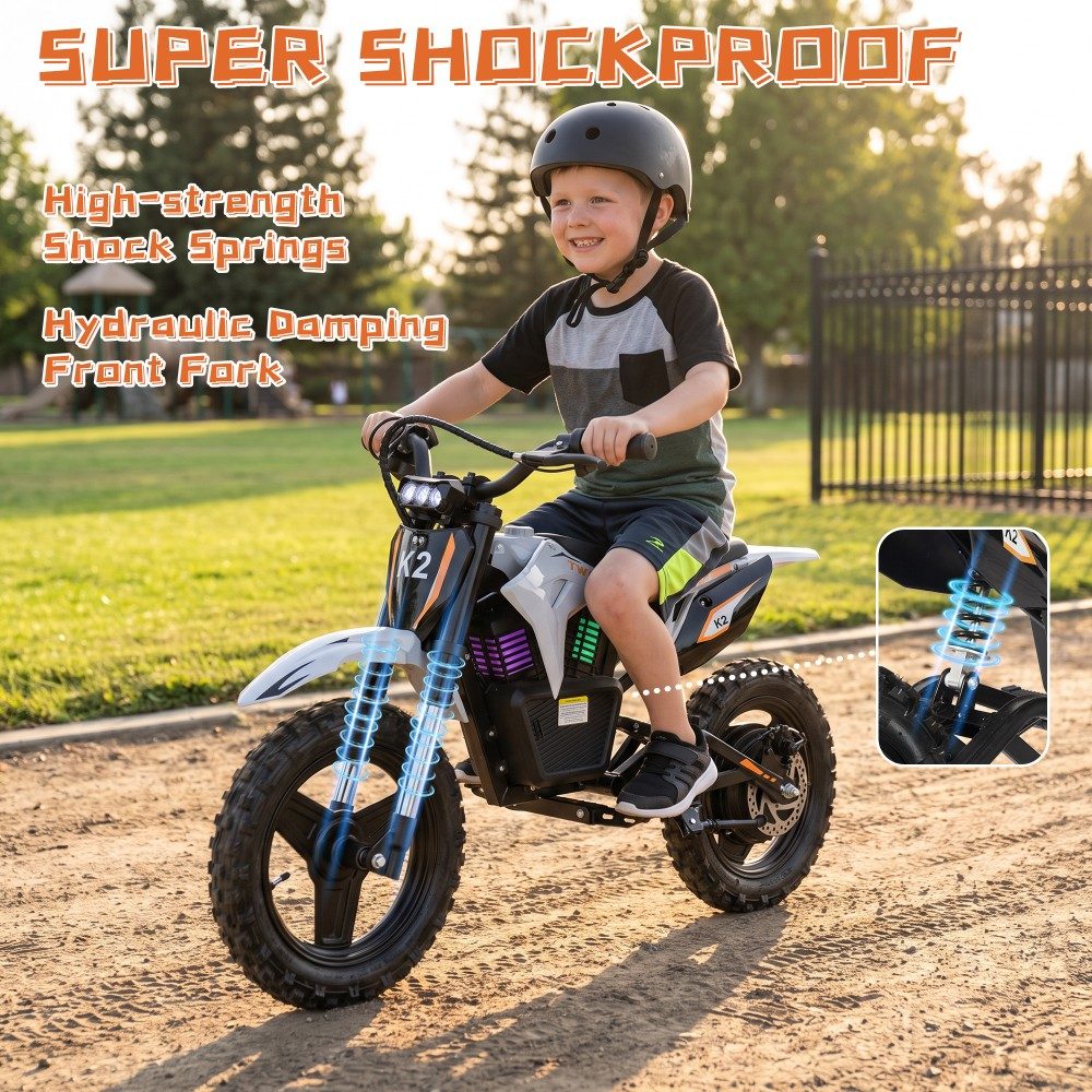 TWOFISH K2 Kinder-Elektro-Dirtbike, 350-W-B&uuml;rstenlosmotor, 36-V-5,2-Ah-Lithium-Akku, 35 km/h H&ouml;chstgeschwindigkeit, 3 Geschwindigkeitsmodi, 12 km Reichweite, 90 Minuten Fahrzeit, 14-Zoll-Gel&auml;ndereifen, hydraulische Vorderradfederung, Schutzart IP54 (spritzwassergesch&uuml;tzt) &ndash; Wei&szlig;