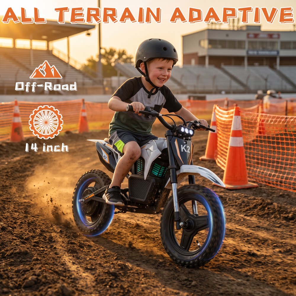 TWOFISH K2 Kinder-Elektro-Dirtbike, 350-W-B&uuml;rstenlosmotor, 36-V-5,2-Ah-Lithium-Akku, 35 km/h H&ouml;chstgeschwindigkeit, 3 Geschwindigkeitsmodi, 12 km Reichweite, 90 Minuten Fahrzeit, 14-Zoll-Gel&auml;ndereifen, hydraulische Vorderradfederung, Schutzart IP54 (spritzwassergesch&uuml;tzt) &ndash; Wei&szlig;