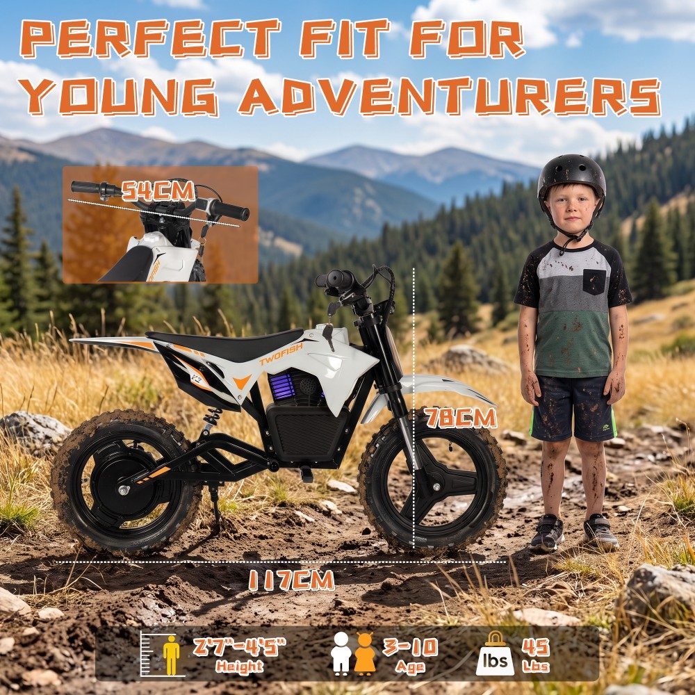 TWOFISH K2 Kinder-Elektro-Dirtbike, 350-W-B&uuml;rstenlosmotor, 36-V-5,2-Ah-Lithium-Akku, 35 km/h H&ouml;chstgeschwindigkeit, 3 Geschwindigkeitsmodi, 12 km Reichweite, 90 Minuten Fahrzeit, 14-Zoll-Gel&auml;ndereifen, hydraulische Vorderradfederung, Schutzart IP54 (spritzwassergesch&uuml;tzt) &ndash; Wei&szlig;