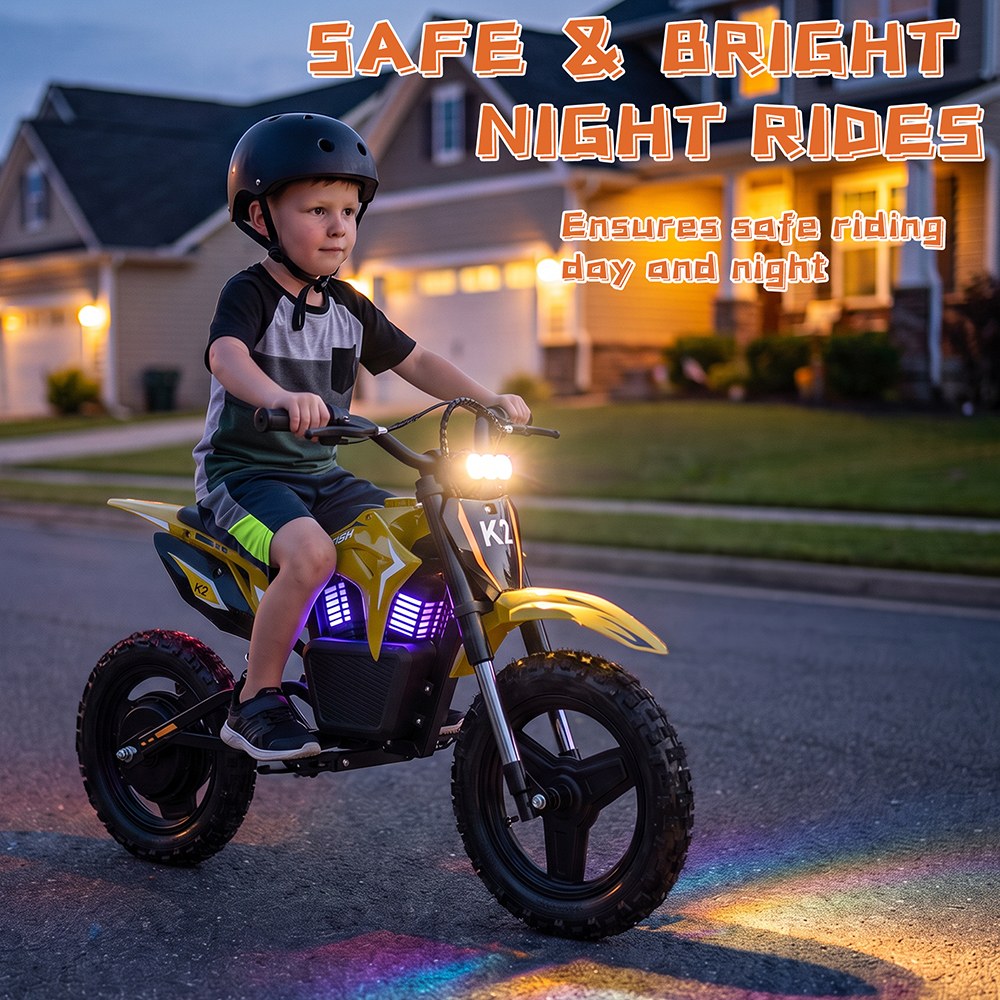 TWOFISH K2 Kinder-Elektro-Dirtbike, 350-W-B&uuml;rstenlosmotor, 36-V-5,2-Ah-Lithium-Akku, 35 km/h H&ouml;chstgeschwindigkeit, 3 Geschwindigkeitsmodi, 12 km Reichweite, 90 Minuten Fahrzeit, 14-Zoll-Gel&auml;ndereifen, hydraulische Vorderradfederung, IP54-Wasserschutz &ndash; Gelb