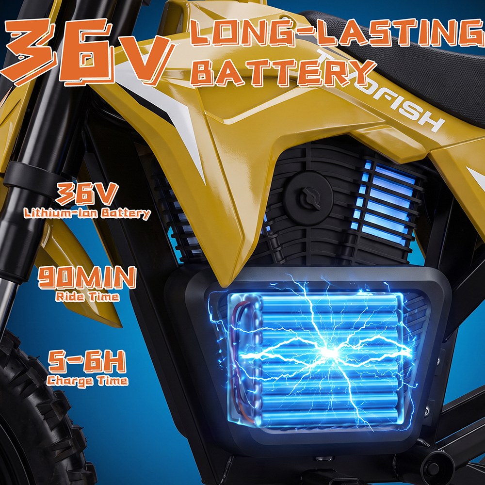 TWOFISH K2 Kinder-Elektro-Dirtbike, 350-W-B&uuml;rstenlosmotor, 36-V-5,2-Ah-Lithium-Akku, 35 km/h H&ouml;chstgeschwindigkeit, 3 Geschwindigkeitsmodi, 12 km Reichweite, 90 Minuten Fahrzeit, 14-Zoll-Gel&auml;ndereifen, hydraulische Vorderradfederung, IP54-Wasserschutz &ndash; Gelb