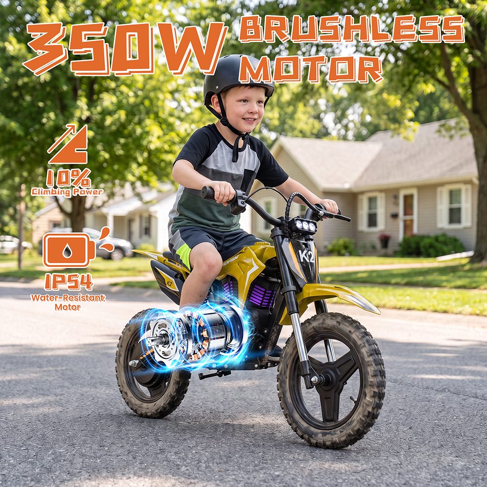 TWOFISH K2 Kinder-Elektro-Dirtbike, 350-W-B&uuml;rstenlosmotor, 36-V-5,2-Ah-Lithium-Akku, 35 km/h H&ouml;chstgeschwindigkeit, 3 Geschwindigkeitsmodi, 12 km Reichweite, 90 Minuten Fahrzeit, 14-Zoll-Gel&auml;ndereifen, hydraulische Vorderradfederung, IP54-Wasserschutz &ndash; Gelb