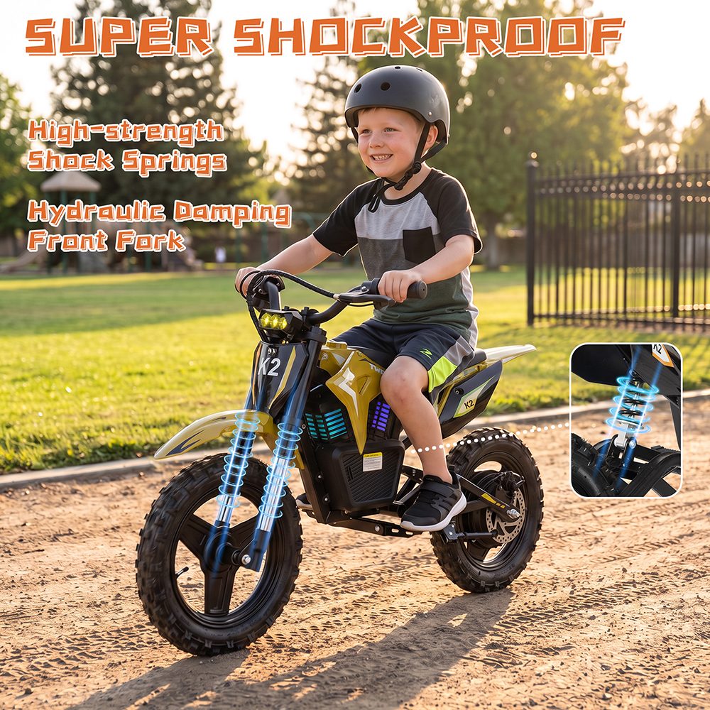 TWOFISH K2 Kinder-Elektro-Dirtbike, 350-W-B&uuml;rstenlosmotor, 36-V-5,2-Ah-Lithium-Akku, 35 km/h H&ouml;chstgeschwindigkeit, 3 Geschwindigkeitsmodi, 12 km Reichweite, 90 Minuten Fahrzeit, 14-Zoll-Gel&auml;ndereifen, hydraulische Vorderradfederung, IP54-Wasserschutz &ndash; Gelb