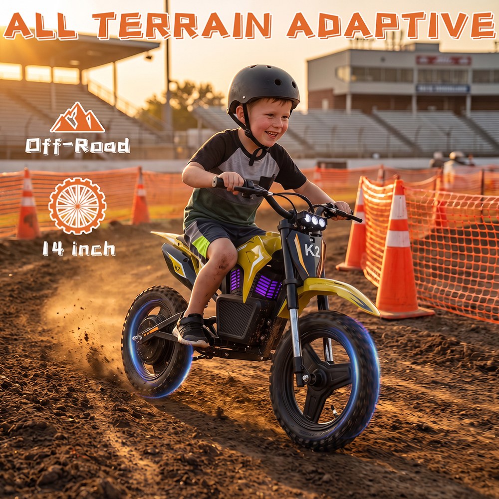 TWOFISH K2 Kinder-Elektro-Dirtbike, 350-W-B&uuml;rstenlosmotor, 36-V-5,2-Ah-Lithium-Akku, 35 km/h H&ouml;chstgeschwindigkeit, 3 Geschwindigkeitsmodi, 12 km Reichweite, 90 Minuten Fahrzeit, 14-Zoll-Gel&auml;ndereifen, hydraulische Vorderradfederung, IP54-Wasserschutz &ndash; Gelb