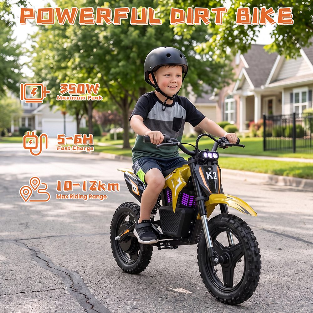 TWOFISH K2 Kinder-Elektro-Dirtbike, 350-W-B&uuml;rstenlosmotor, 36-V-5,2-Ah-Lithium-Akku, 35 km/h H&ouml;chstgeschwindigkeit, 3 Geschwindigkeitsmodi, 12 km Reichweite, 90 Minuten Fahrzeit, 14-Zoll-Gel&auml;ndereifen, hydraulische Vorderradfederung, IP54-Wasserschutz &ndash; Gelb