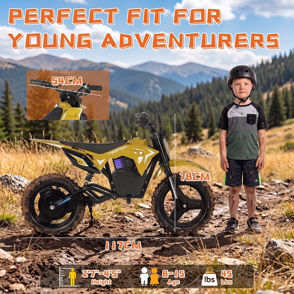 TWOFISH K2 Kinder-Elektro-Dirtbike, 350-W-B&uuml;rstenlosmotor, 36-V-5,2-Ah-Lithium-Akku, 35 km/h H&ouml;chstgeschwindigkeit, 3 Geschwindigkeitsmodi, 12 km Reichweite, 90 Minuten Fahrzeit, 14-Zoll-Gel&auml;ndereifen, hydraulische Vorderradfederung, IP54-Wasserschutz &ndash; Gelb