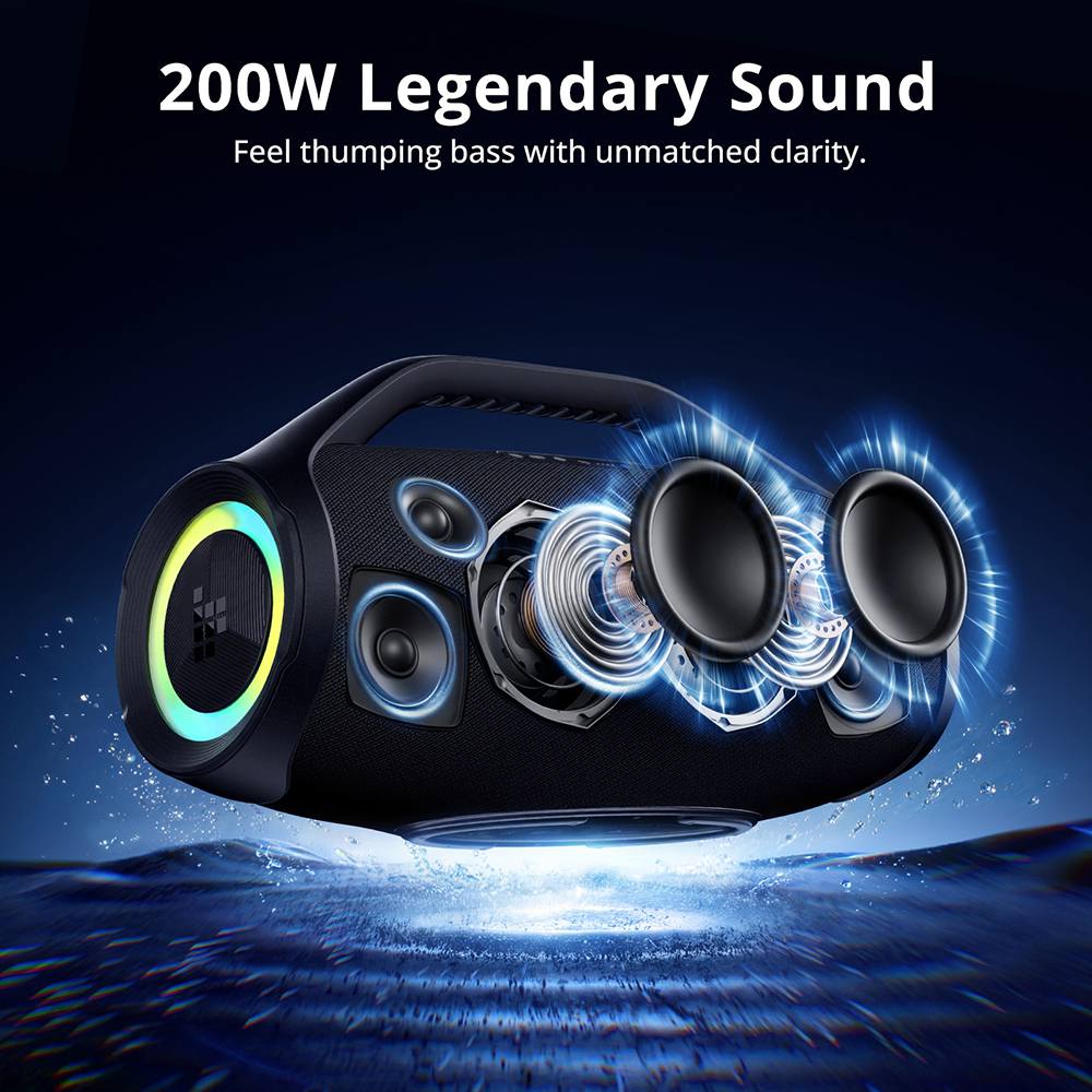 Tronsmart Bang 2 Max hordozhat&oacute; partihangsz&oacute;r&oacute;, 200 W-os 2.2.2 csatorn&aacute;s hangz&aacute;s, IPX7 v&iacute;z&aacute;ll&oacute;s&aacute;g, ak&aacute;r 34 &oacute;r&aacute;s lej&aacute;tsz&aacute;si idő, Auracast&trade;, Bluetooth 6.0, RGB f&eacute;nyek, alkalmaz&aacute;svez&eacute;rl&eacute;s