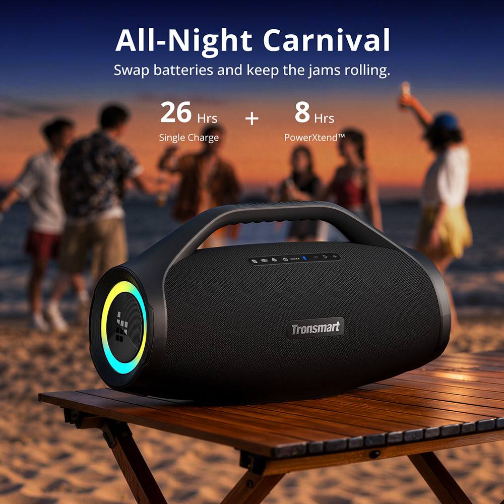 Tronsmart Bang 2 Max hordozhat&oacute; partihangsz&oacute;r&oacute;, 200 W-os 2.2.2 csatorn&aacute;s hangz&aacute;s, IPX7 v&iacute;z&aacute;ll&oacute;s&aacute;g, ak&aacute;r 34 &oacute;r&aacute;s lej&aacute;tsz&aacute;si idő, Auracast&trade;, Bluetooth 6.0, RGB f&eacute;nyek, alkalmaz&aacute;svez&eacute;rl&eacute;s