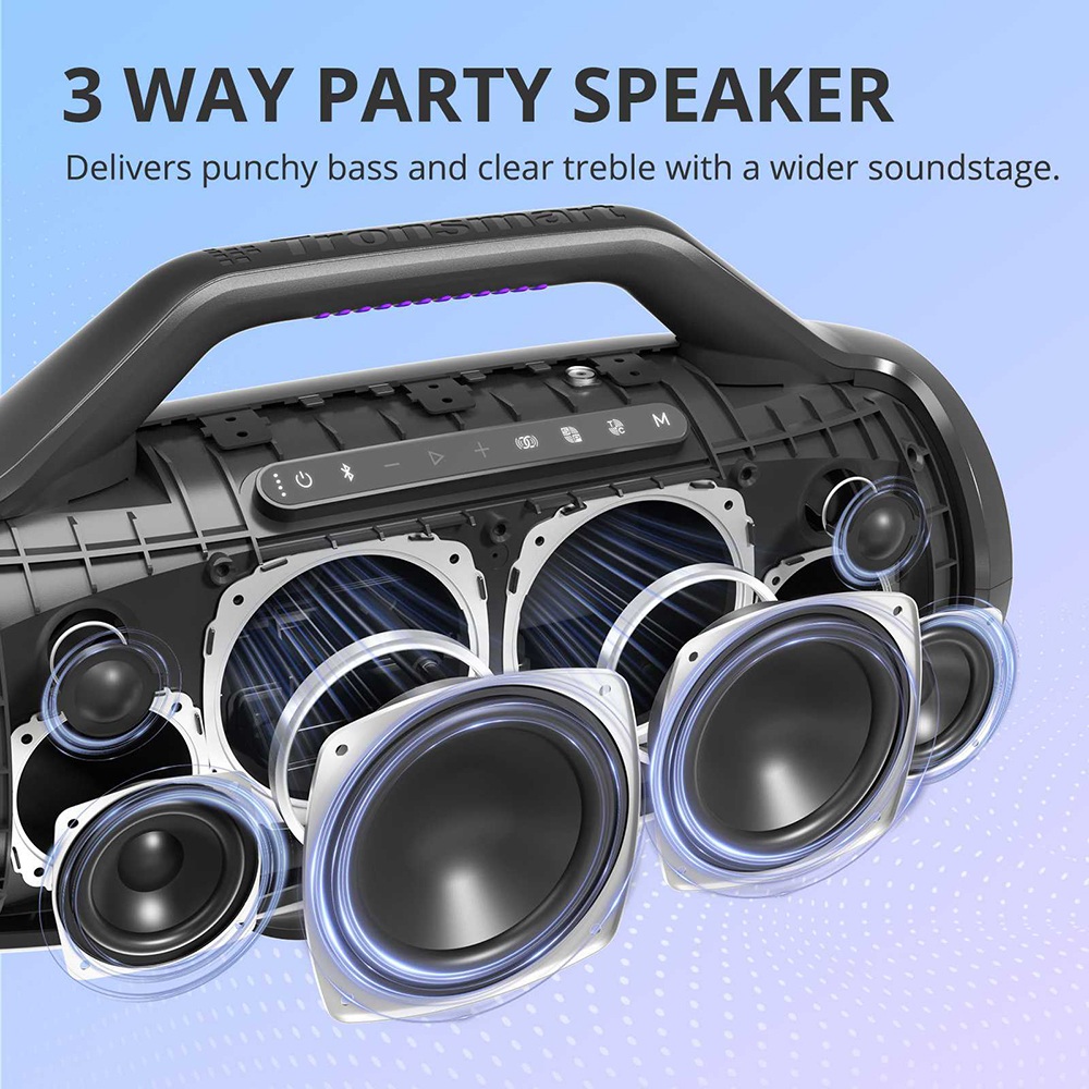 Tronsmart Bang Max Tragbarer Party-Lautsprecher, 130 W, 3-Wege-Sound, IPX6 wasserdicht, 24 Stunden Akkulaufzeit, TWS & TuneConn, App-Steuerung, dynamische LED-Beleuchtung &ndash; Schwarz