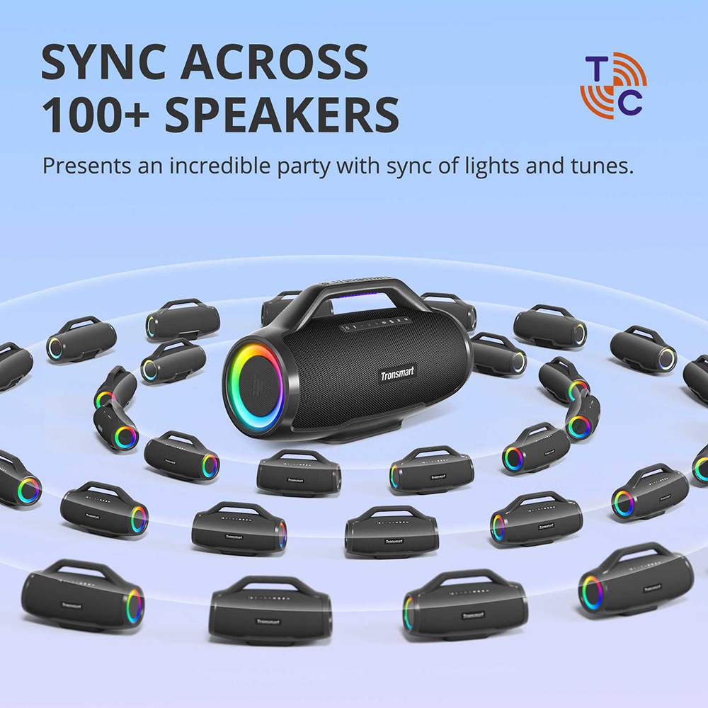 Tronsmart Bang Max Tragbarer Party-Lautsprecher, 130 W, 3-Wege-Sound, IPX6 wasserdicht, 24 Stunden Akkulaufzeit, TWS & TuneConn, App-Steuerung, dynamische LED-Beleuchtung &ndash; Schwarz