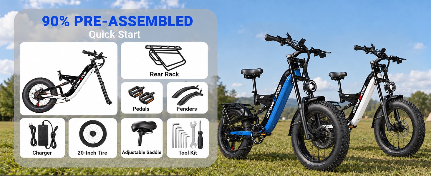V&eacute;lo &eacute;lectrique V9, moteur sans balais de 250 W, batterie amovible 48 V 19,2 Ah, autonomie maximale de 110 km, couple de 90 N&middot;m, pneus larges 20 x 4 pouces, triple suspension, 7 vitesses, freins &agrave; disque hydrauliques de 180 mm, charge maximale de 150 kg - Noir et blanc