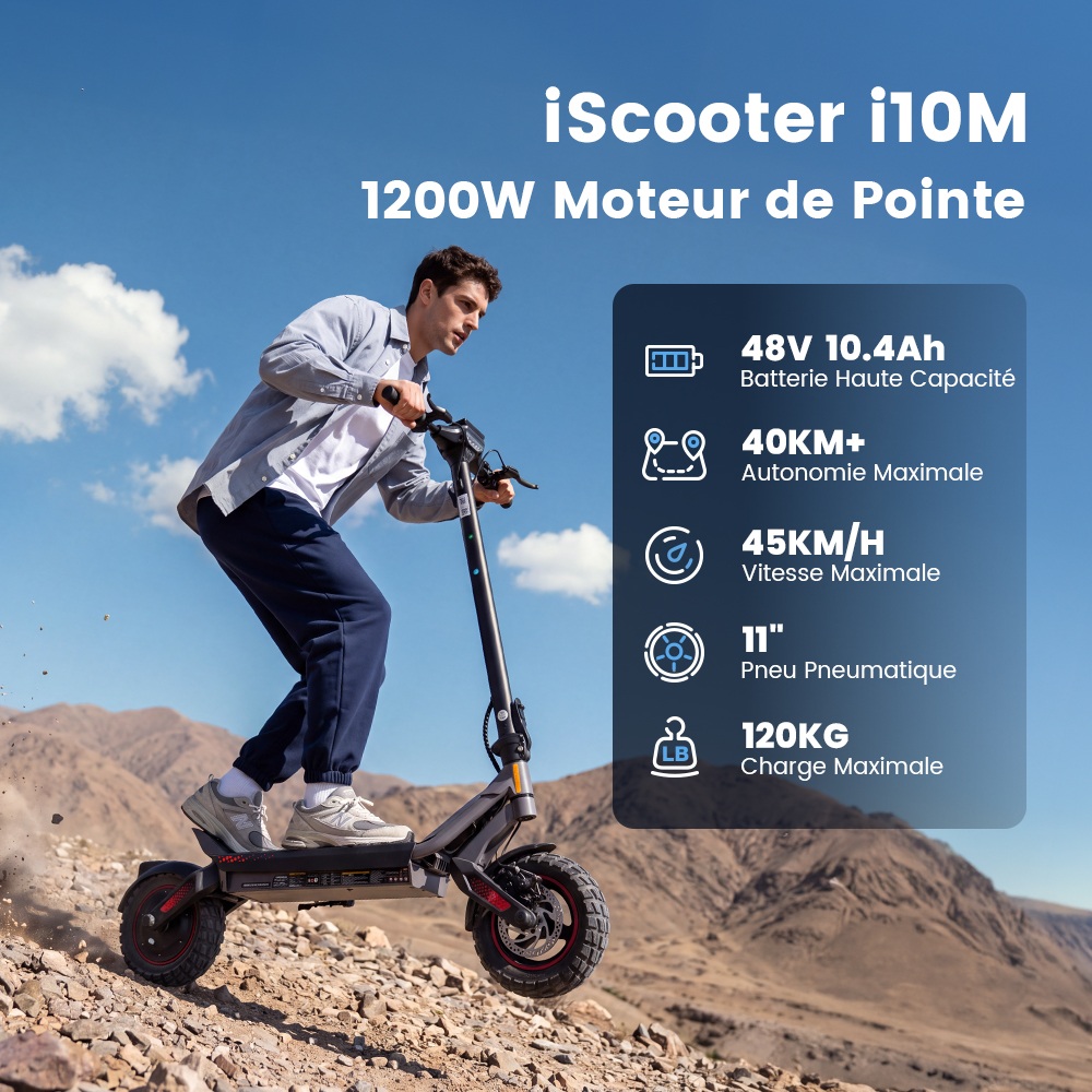 iScooter i10M Trottinette Électrique, Moteur 1200 W en Pointe, Vitesse Max. 45 km/h, Batterie 48 V 10,4 Ah, Autonomie 40 km+, Pneus Tout-Terrain 11", Double Suspension, Triple Freinage, Contrôle par Application, Pliage Rapide