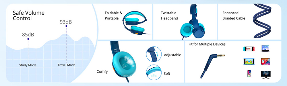 Tronsmart KH01 2-Pack Wired Kids Headphones, 85dB/93dB Volume Limit, 3.5mm Audio Jack, Foldable Design, Soft Earpads, Durable Nylon-Braided Cable, Lightweight, Wide Compatibility - Blue & Pink