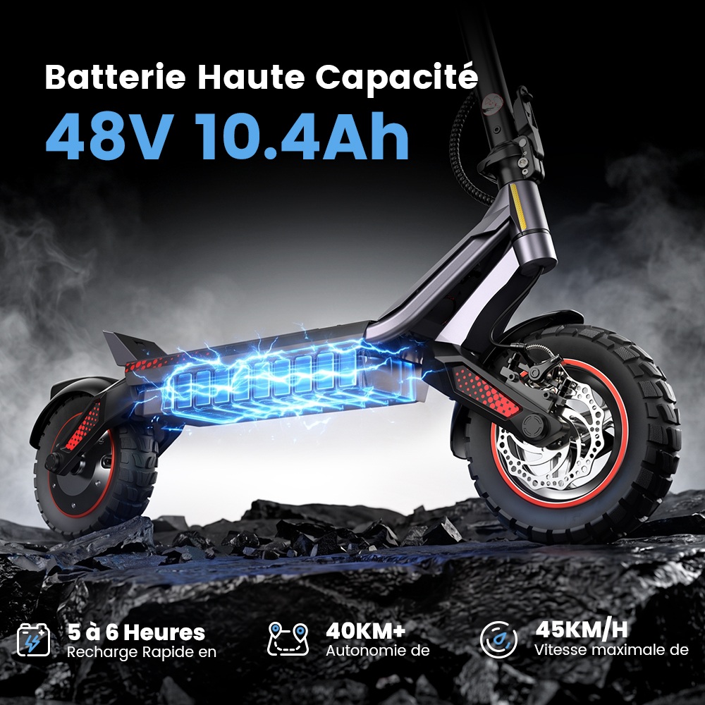 iScooter i10M Trottinette Électrique, Moteur 1200 W en Pointe, Vitesse Max. 45 km/h, Batterie 48 V 10,4 Ah, Autonomie 40 km+, Pneus Tout-Terrain 11", Double Suspension, Triple Freinage, Contrôle par Application, Pliage Rapide