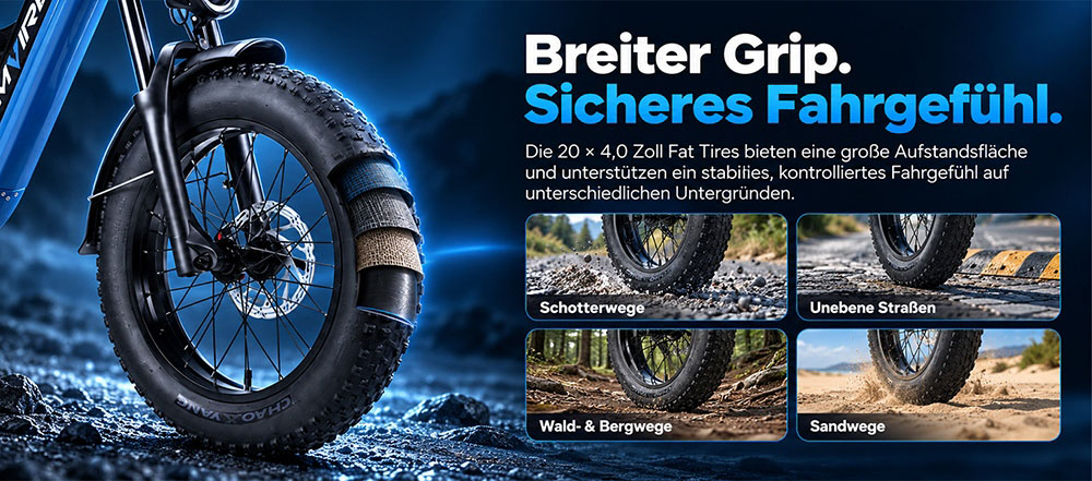 V9 Elektrofahrrad, 250W bürstenloser Motor, 48V 19,2Ah abnehmbarer Akku, 110km maximale Reichweite, 90N·m Drehmoment, 20×4,0" Fat-Reifen, Dreifach-Federung, 7-Gang-Schaltung, 180mm hydraulische Scheibenbremsen, 150kg Zuladung – Schwarz & Blau