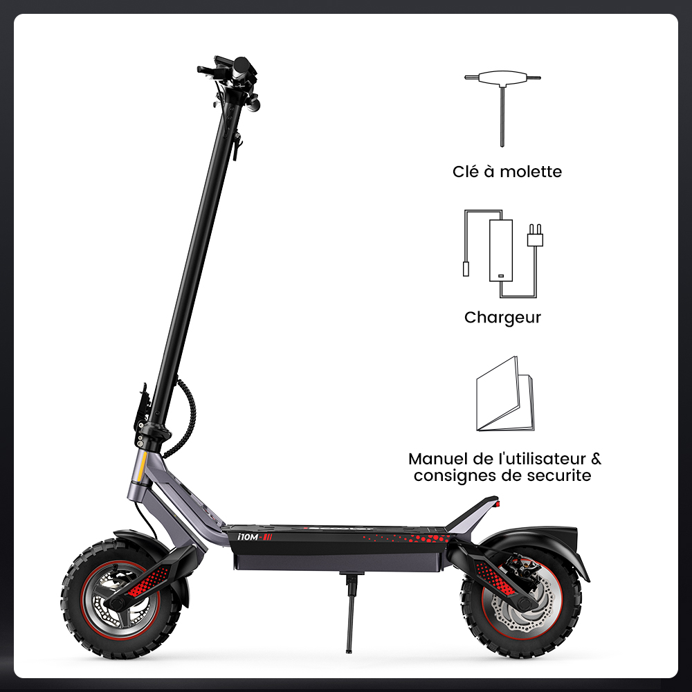iScooter i10M Trottinette Électrique, Moteur 1200 W en Pointe, Vitesse Max. 45 km/h, Batterie 48 V 10,4 Ah, Autonomie 40 km+, Pneus Tout-Terrain 11", Double Suspension, Triple Freinage, Contrôle par Application, Pliage Rapide