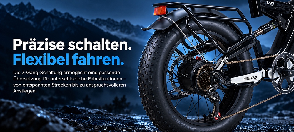 V9 Elektrofahrrad, 250W bürstenloser Motor, 48V 19,2Ah abnehmbarer Akku, 110km maximale Reichweite, 90N·m Drehmoment, 20×4,0" Fat-Reifen, Dreifach-Federung, 7-Gang-Schaltung, 180mm hydraulische Scheibenbremsen, 150kg Zuladung - Schwarz & Weiß