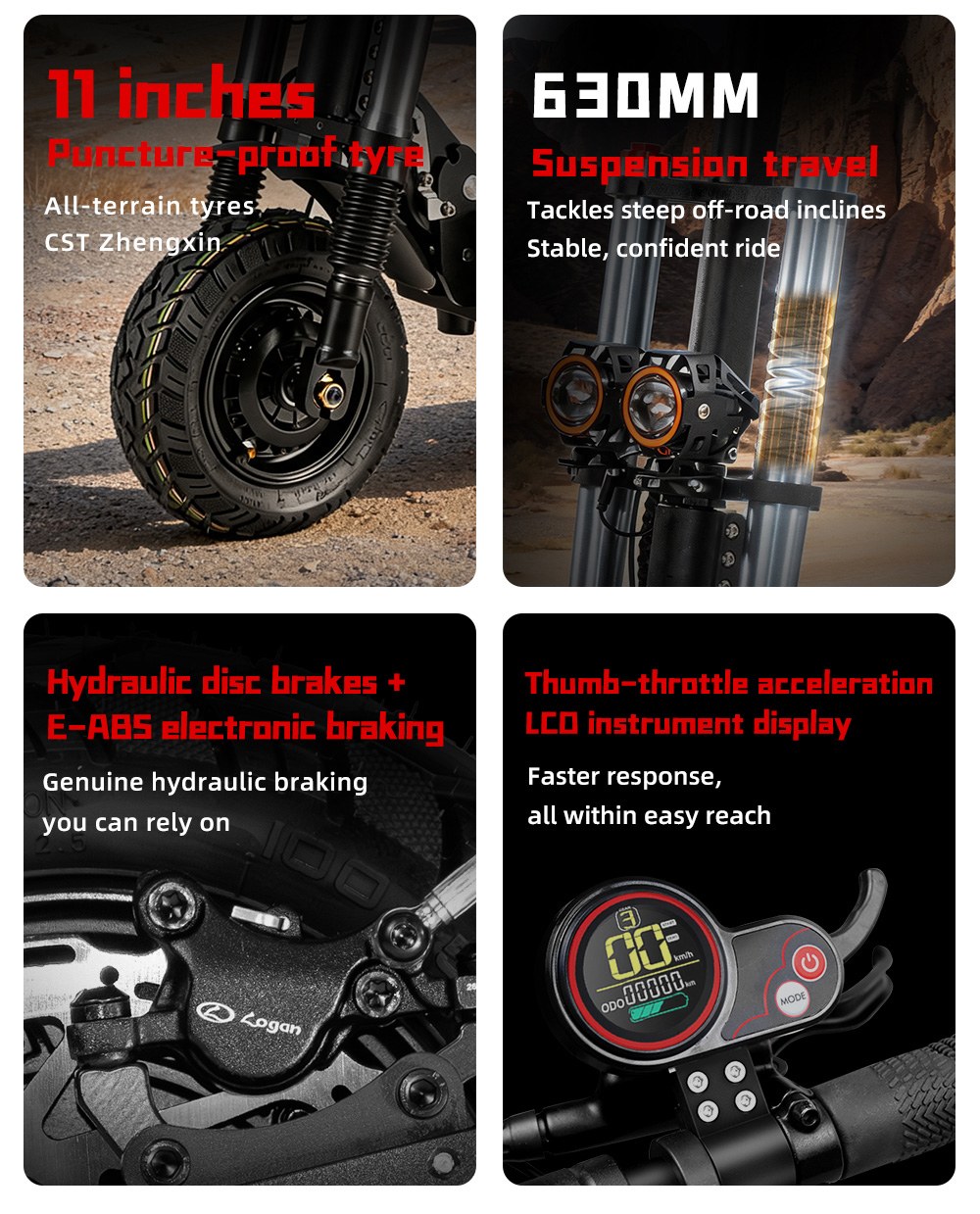 BOYUEDA S3-11 Elektromos Roller, 3000W*2 Motor 85km/h Max. Sebesség, 60V 38Ah Akkumulátor Akár 120km Hatótávolság, 11 hüvelykes Fűrészfogas Vákumos Terepjáró Abroncs, Dupla Hidraulikus Tárcsafék, Hidraulikus Csillapítás, 45°-os Emelkedő LCD Kijelző Körbejárható Világítás és Irányjelző