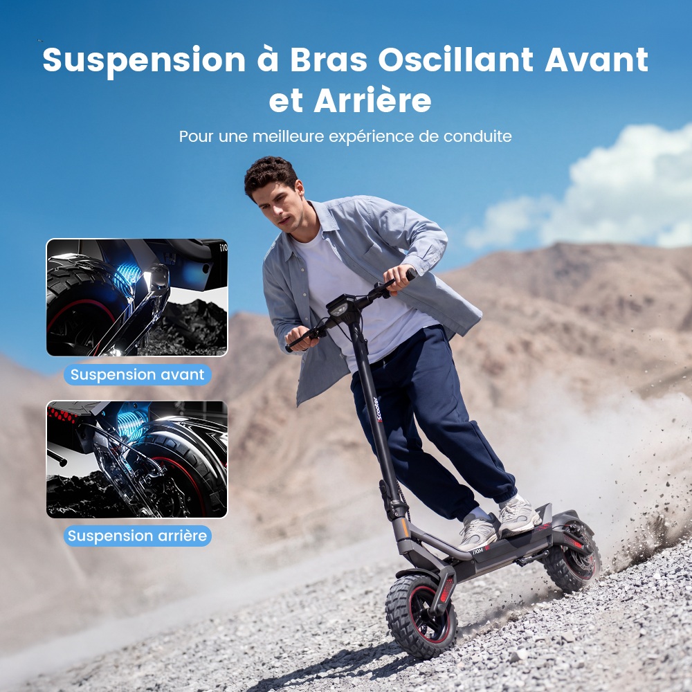 iScooter i10M Trottinette Électrique, Moteur 1200 W en Pointe, Vitesse Max. 45 km/h, Batterie 48 V 10,4 Ah, Autonomie 40 km+, Pneus Tout-Terrain 11", Double Suspension, Triple Freinage, Contrôle par Application, Pliage Rapide