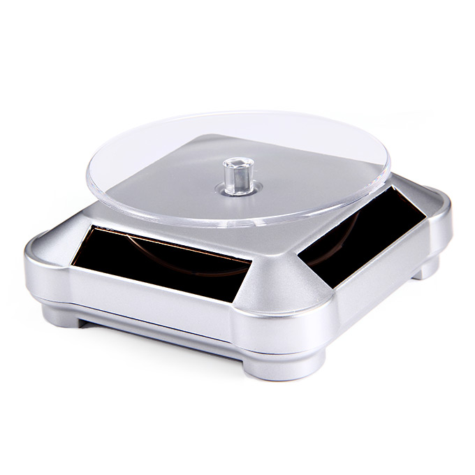 Silver Jewelry Phone Rotating Display Stand Turntable & Light Solar Powered 