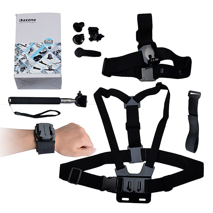 

Dazzne KT-116 7in1 B Model Chest Harness+Elastic Head Strap+Telescoping Handheld Pole+Wifi Wrist Strap+Adjustable Wrist