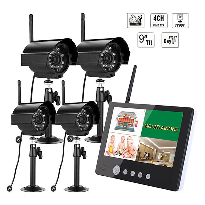 

SY903E14 9" Digital 2.4G IR Night Vision 4 Wireless Cameras Audio Video Monitors 4CH DVR Kit Home Security System(US Plug) - Black