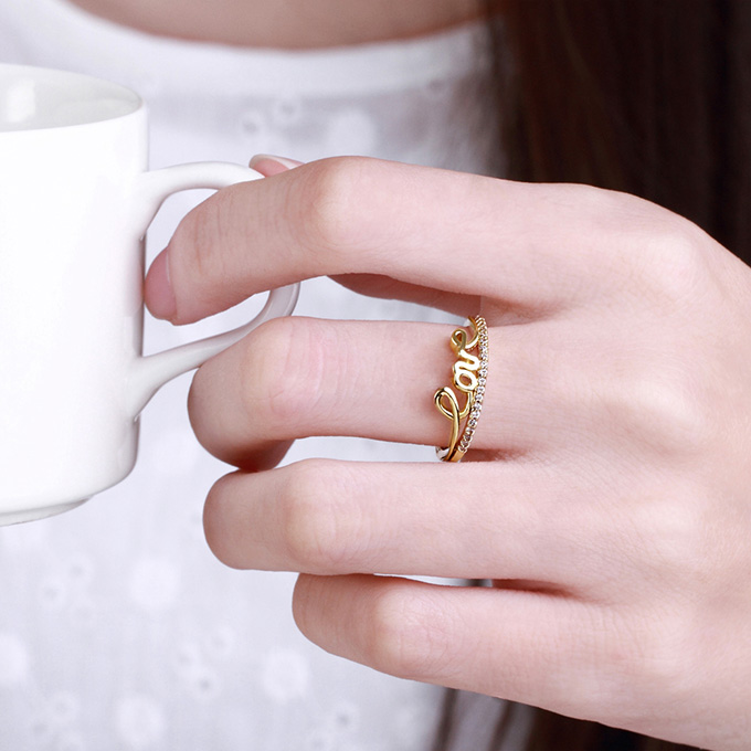 KZCR171-B 7# Tin Alloy Zircon Ring LOVE Character Finger Ring