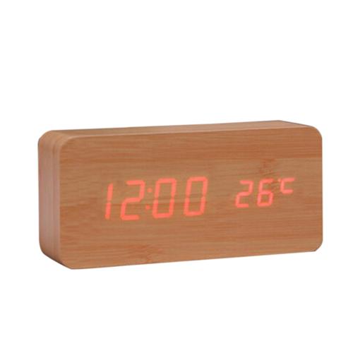 Digital LED Wood Wooden Desk Alarm Clock Timer Thermometer Snooze Voice Control 