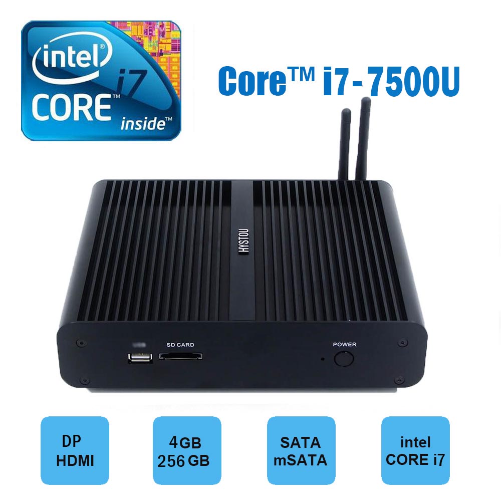 

Hystou FMP05B Core™ i7-7500U 4GB/256GB 4K Fanless Mini PC WIFI Gigabit LAN HDMI+DP SATA - Black