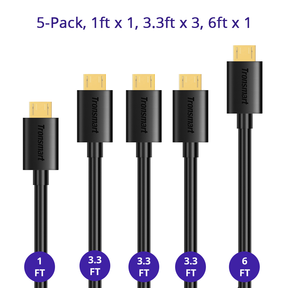 Tronsmart USB 2.0 Male to Micro USB Cable 5 Pack 0.3M 1M 1.8M
