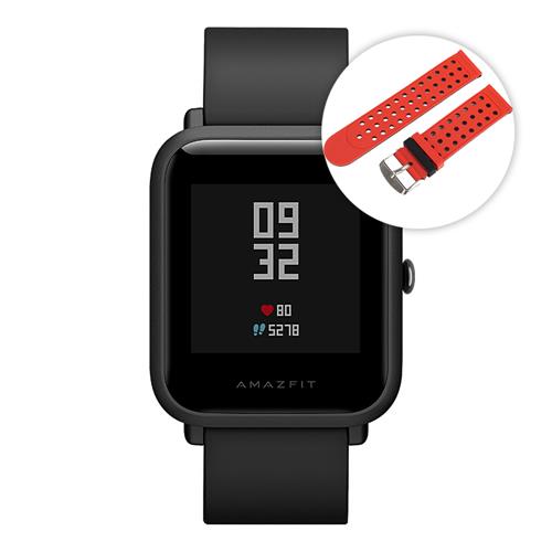 [Package C]Huami Amazfit Bip Bluetooth 4.0 IP68 Sports Smart Watch GPS Glonass Heart Rate Monitor 45 Days Standby Global ROM - Black+Smart Watch Replacement Strap(Red+Black)