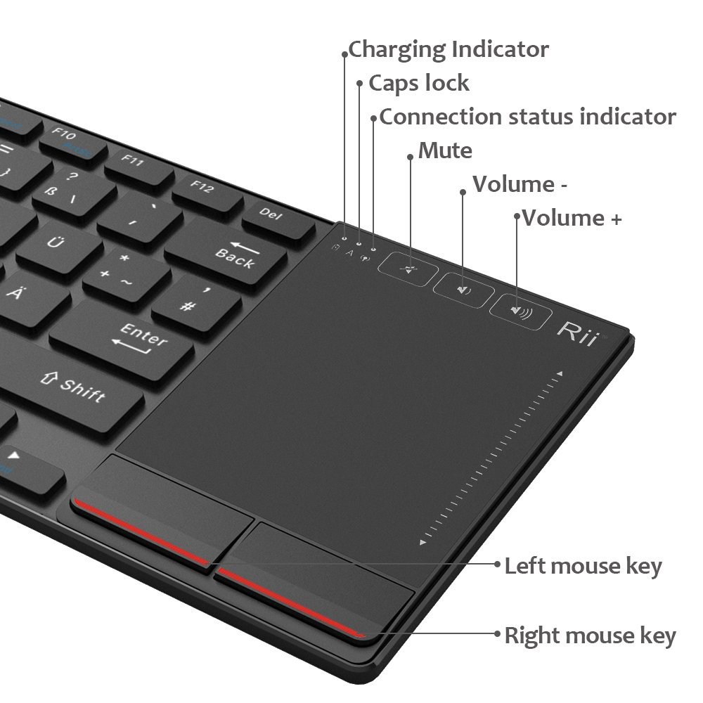 Rii K22 2.4G Wireless German Keyboard With Large Touchpad Black