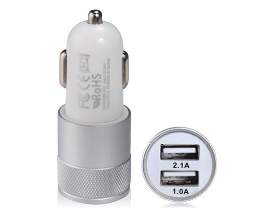 2.1A 1.0A Dual USB Port Fast Car Charger With Aluminium Case Silver
