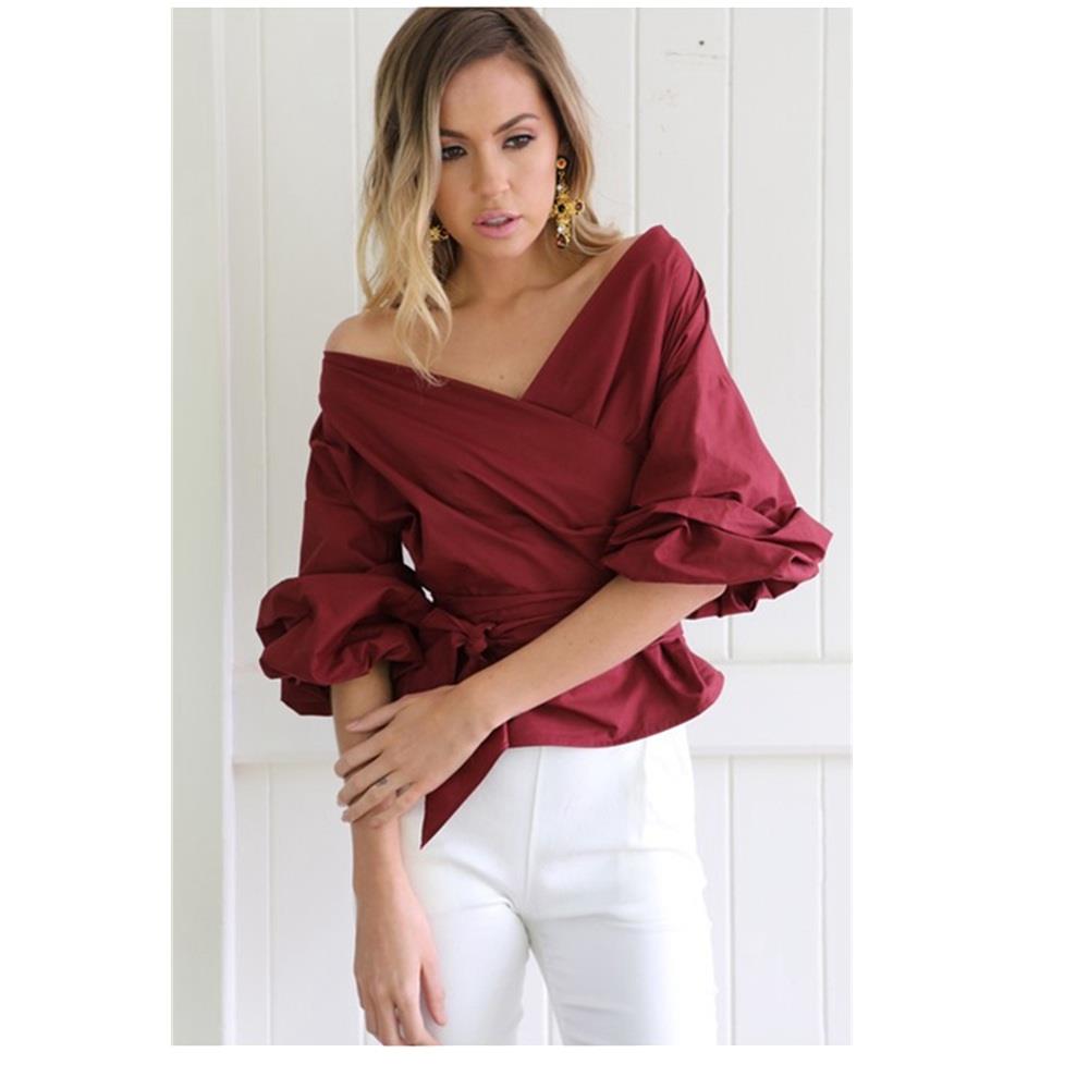 Women Strapless V-neck Cross Straps Shirt Burgundy Red