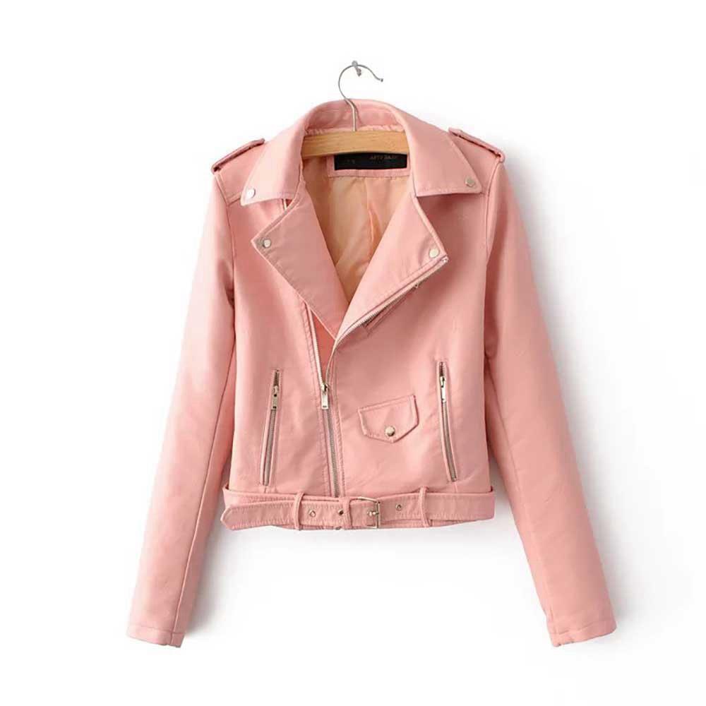 Women PU Leather Biker Jacket Pink