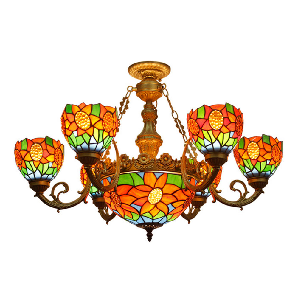 

FUMAT Sunflower Chandelier Stained Glass Lampshade European Classic Ceiling Light Tiffany Glass Lights For Living Room
