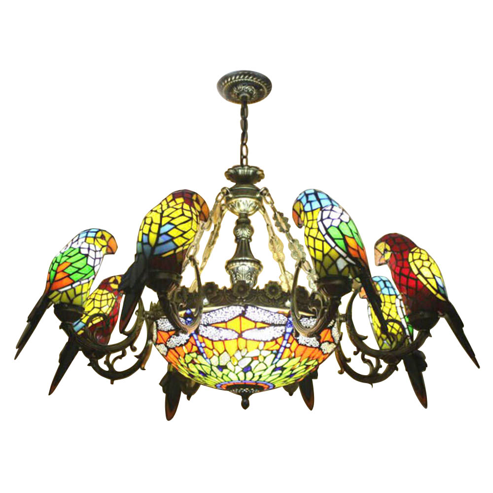 

FUMAT Parrots Chandelier Stained Glass Lampshade European Classic Hanging Lamp Tiffany Glass Lights For Living Room