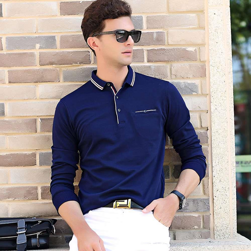 Men's Long Sleeve Lapel Polo Shirt Blue