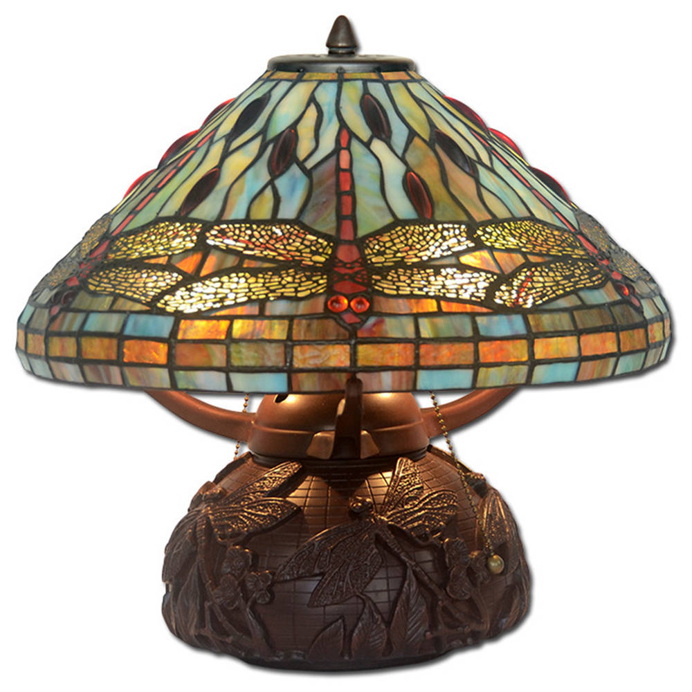 

FUMAT 16 Inches Tiffany Style Stained Glass Double Lit Table Lamp - Resin Base Dragonfly Design