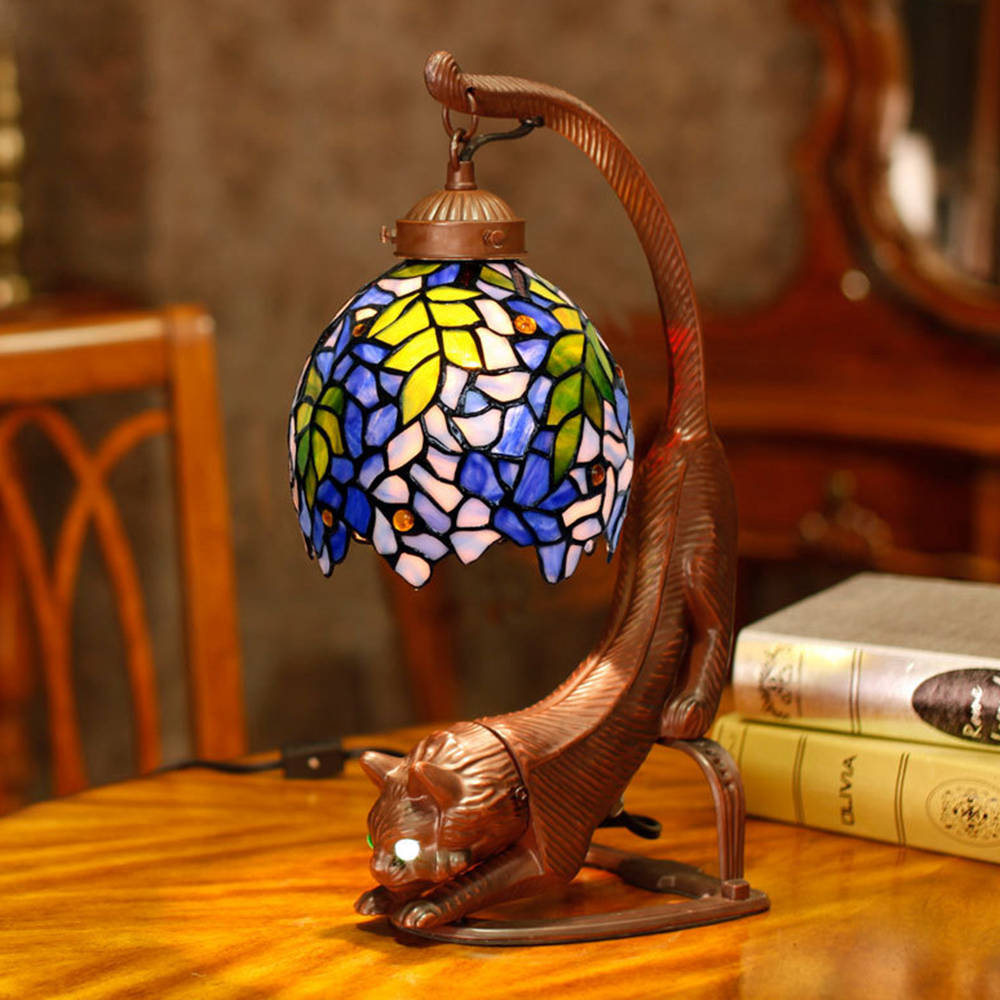 FUMAT Tiffany Style Cat Base Wisteria Table Lamp