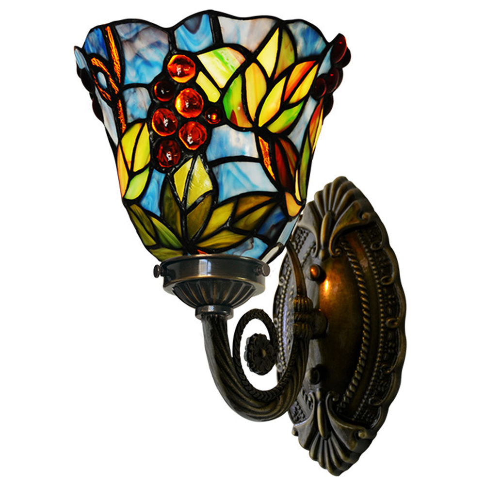 

FUMAT Tiffany Style Stained Glass Handcrafted Wall Lamp - Romantic Copper Single Ripe Grape Wall Sconces Design