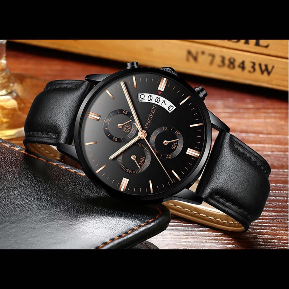 FNGEEN 5055 Men's PU Leather Watch Black and Rose Gold