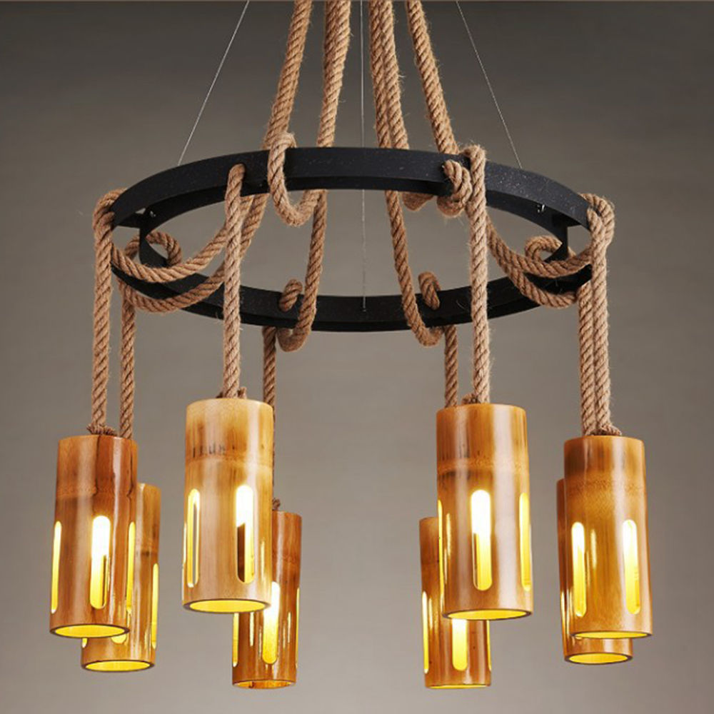 

FUMAT Nordic Pendant Light - Retro Hemp Rope Bamboo Design with 8 Lights