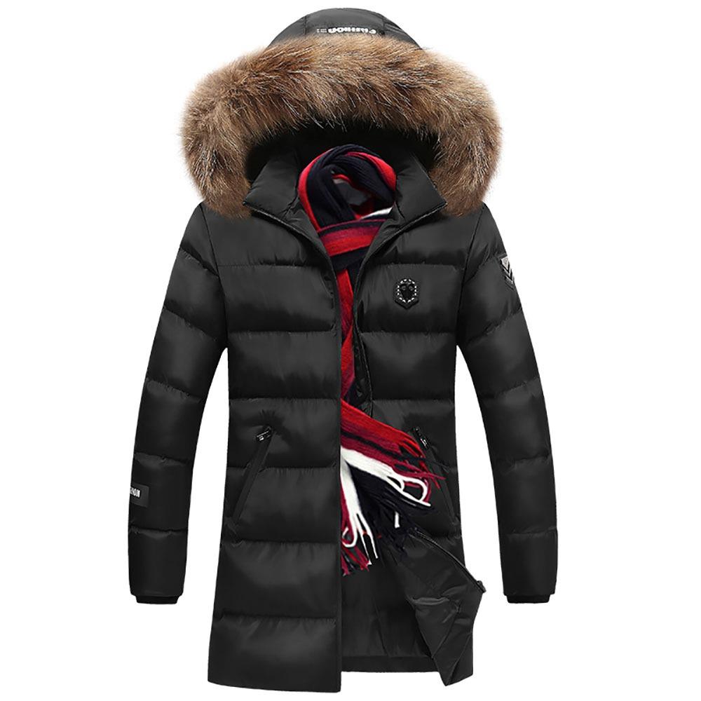 CA8866 Men Winter Casual Long Down Jacket Fur Collar Size XL Black